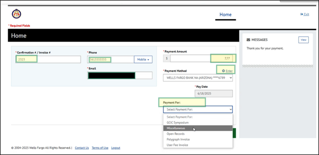 Screenshot of payment form