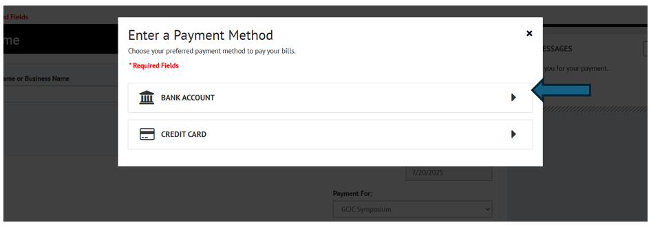 Screenshot of payment method selection