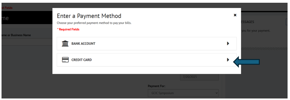 Screenshot of payment method selection