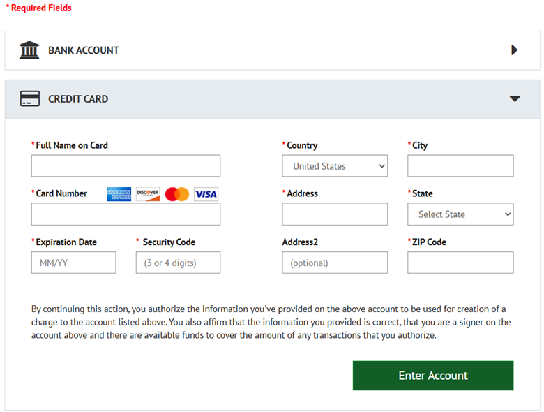 Screenshot of credit card form