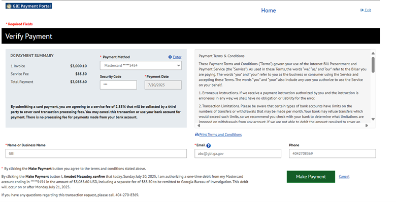 Verify payment screen